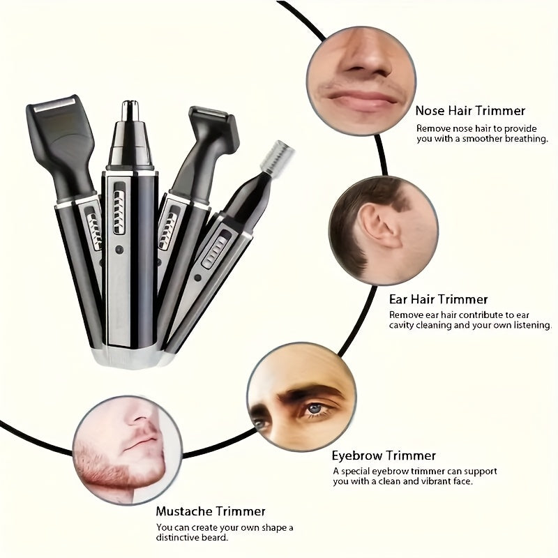 4-in-1 Multi-Functional Grooming Kit - Rechargeable Trimmer for Nose, Ear, Eyebrow, and Mustache, with Eyebrow Shaper, Mustache Styler, Personal Electric Shaver, USB Charging, Durable, Easy Clean, Perfect Gift for Men on Father's Day