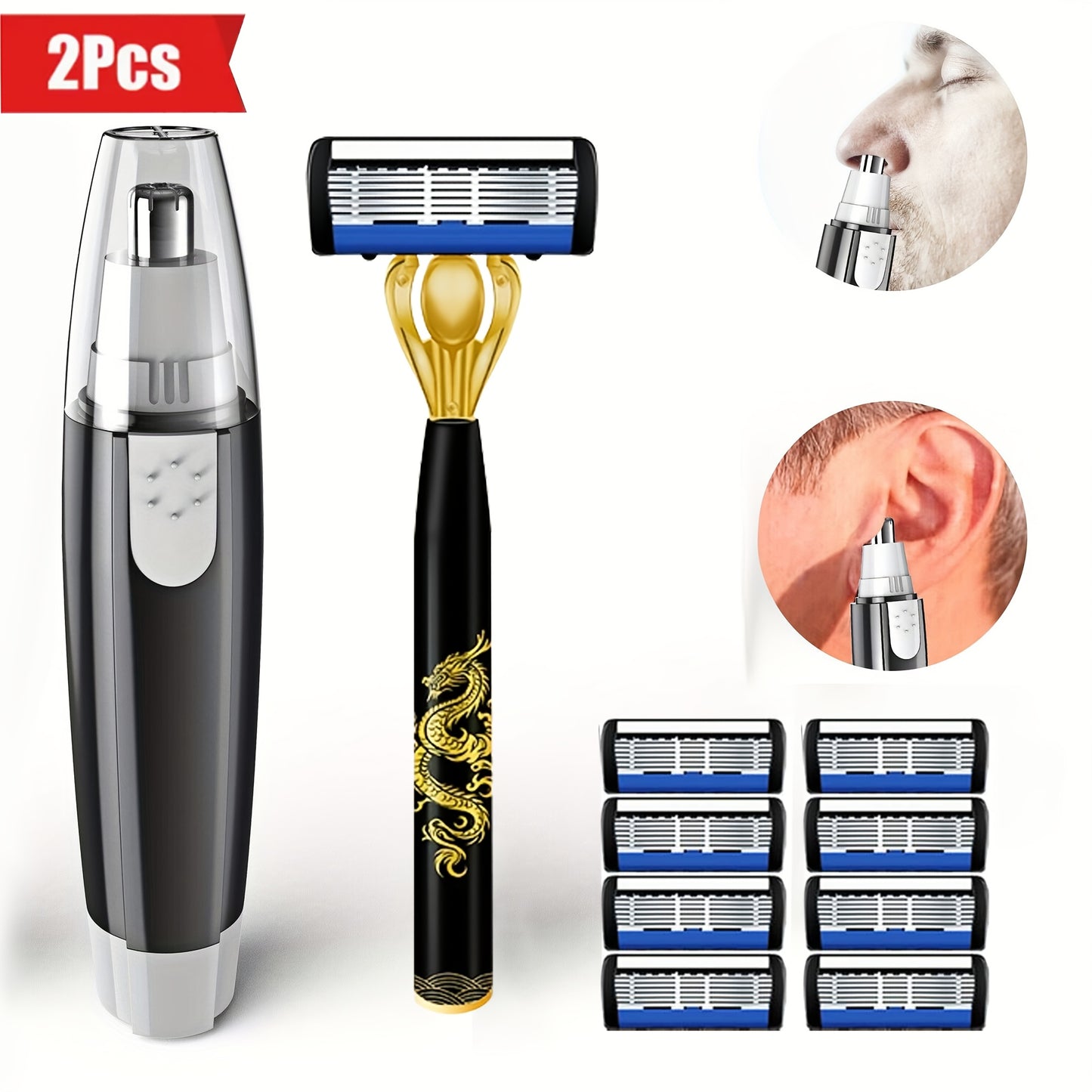 2--1 Electric Nose & Ear Hair Trimmer for Men & Women - Battery-Powered Detachable Portable Design with Golden Accent Blades, Multi-Purpose Facial Hair Trimmer for Eyebrows & Face Hair, Includes Storage Case