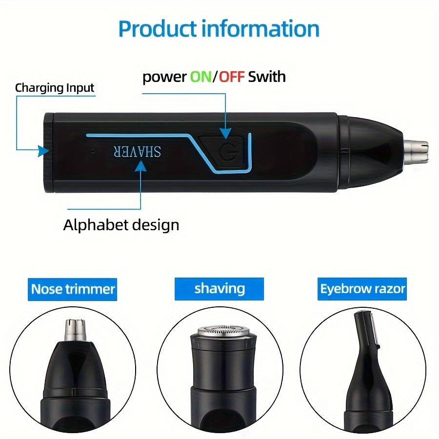 3-in-1 Ultimate Men's Grooming Kit: Electric Nose Hair Trimmer, Ear Hair Clipper, and Eyebrow Shaper with Rechargeable 150mAh Lithium Battery, USB-C Charging, and Cleaning Brush