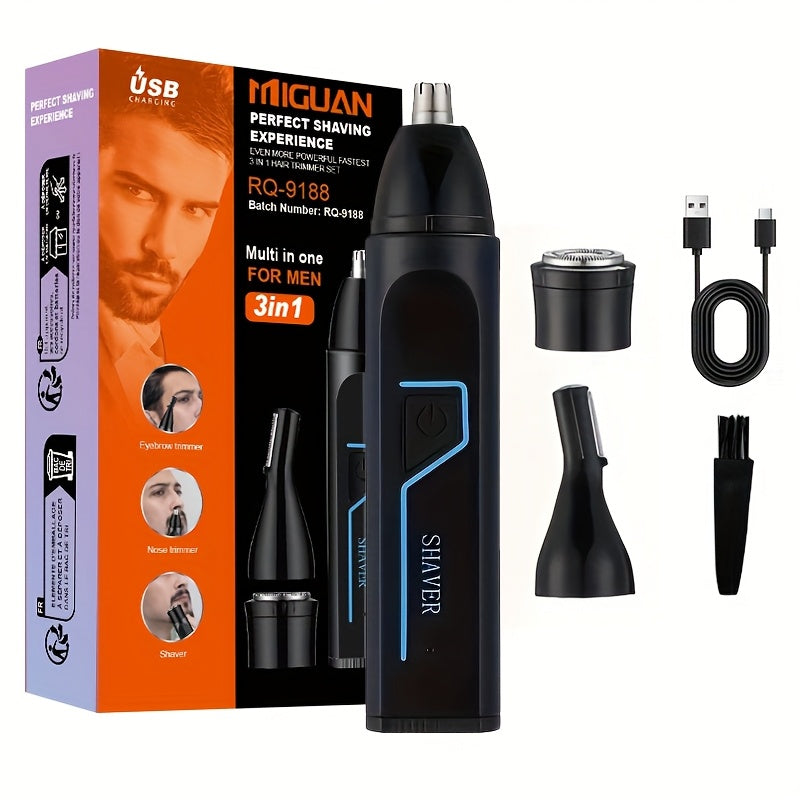 3-in-1 Ultimate Men's Grooming Kit: Electric Nose Hair Trimmer, Ear Hair Clipper, and Eyebrow Shaper with Rechargeable 150mAh Lithium Battery, USB-C Charging, and Cleaning Brush
